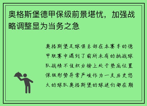 奥格斯堡德甲保级前景堪忧，加强战略调整显为当务之急